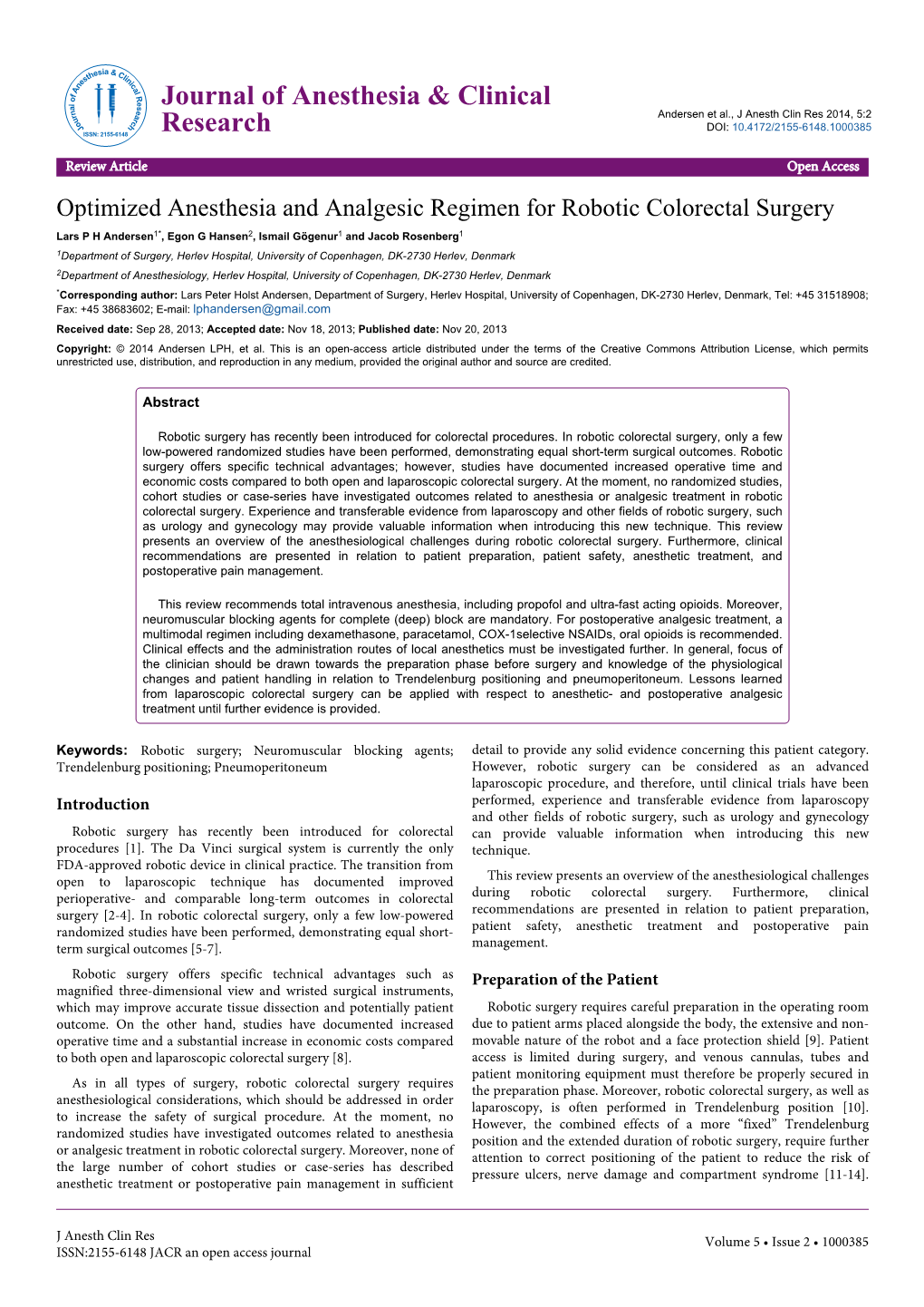 Optimized Anesthesia and Analgesic Regimen for Robotic Colorectal
