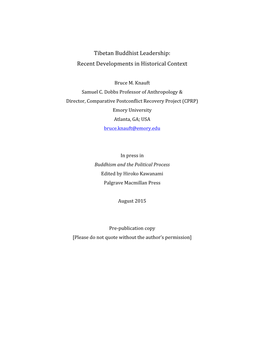 Tibetan Buddhist Leadership: Recent Developments in Historical Context