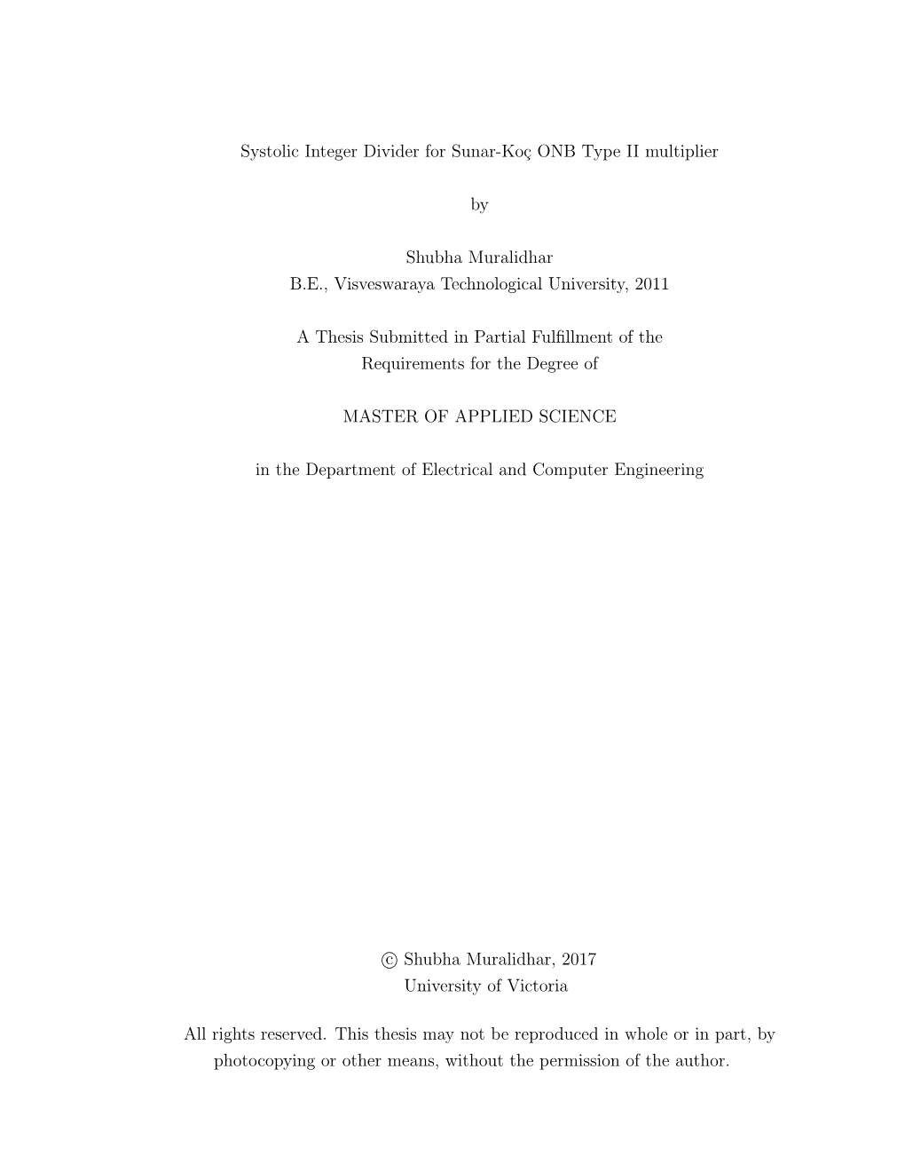 Systolic Integer Divider for Sunar-Koç ONB Type II Multiplier by Shubha