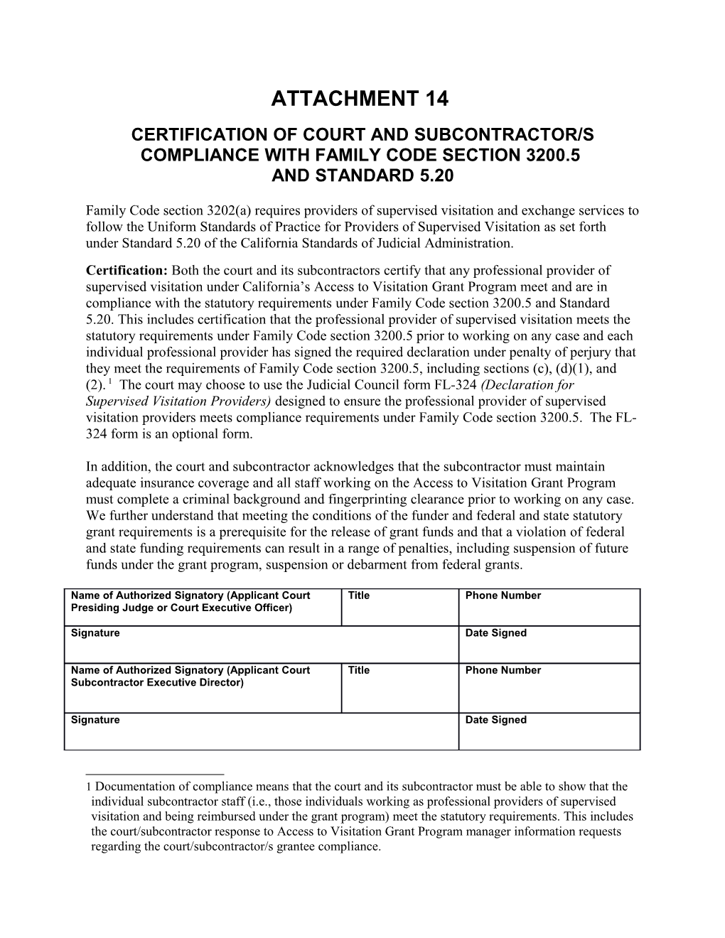 Certification of Court and Subcontractor/S Compliance with Family Code Section 3200.5