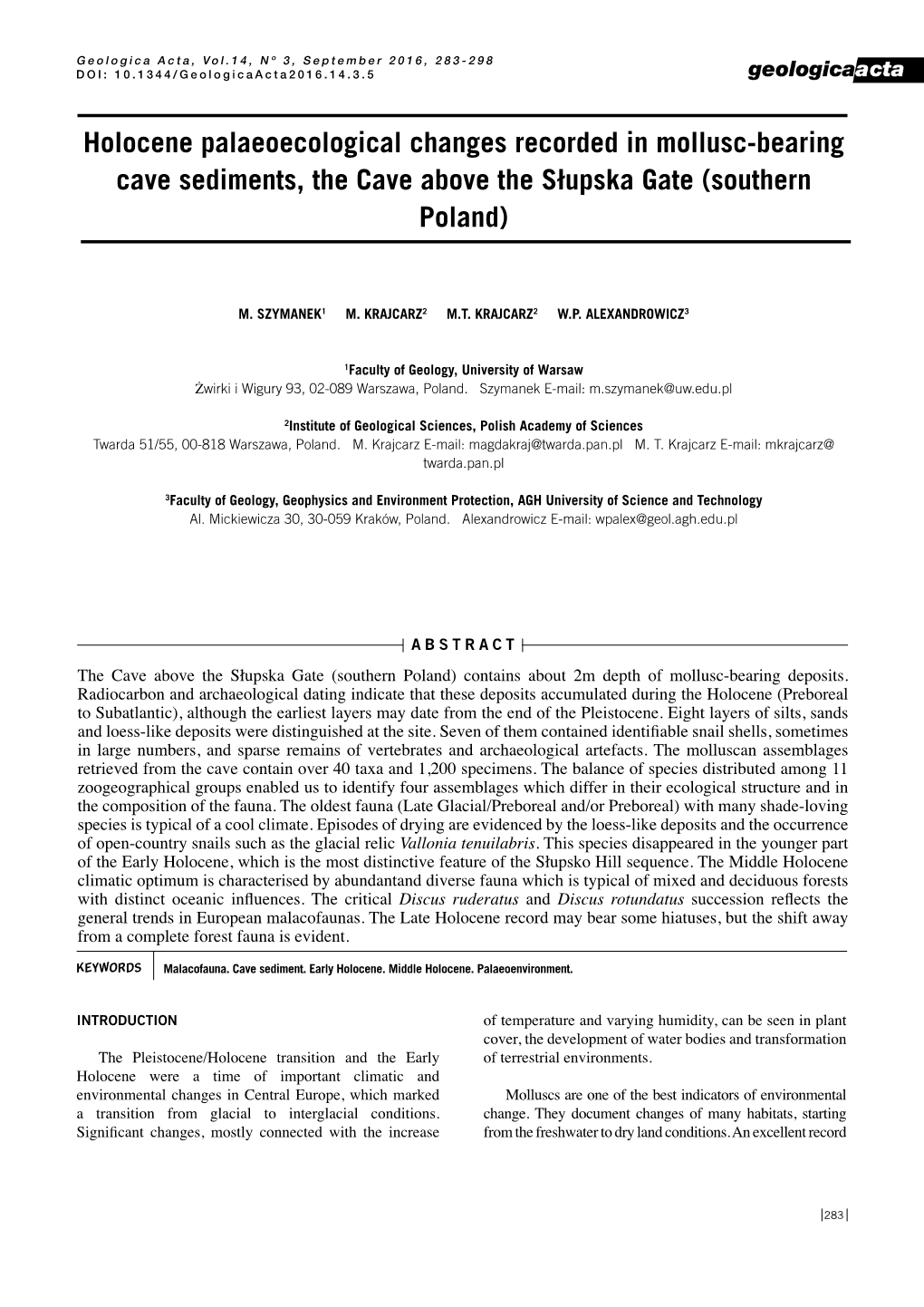 Holocene Palaeoecological Changes Recorded in Mollusc-Bearing Cave Sediments, the Cave Above the Słupska Gate (Southern Poland)