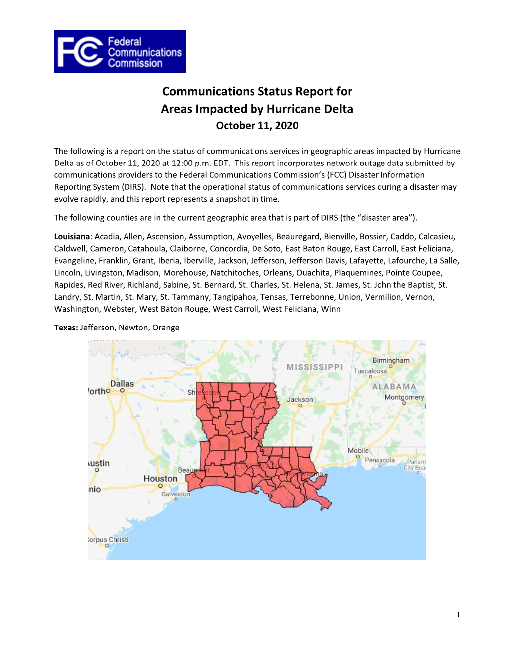 Communications Status Report for Areas Impacted by Hurricane Delta October 11, 2020