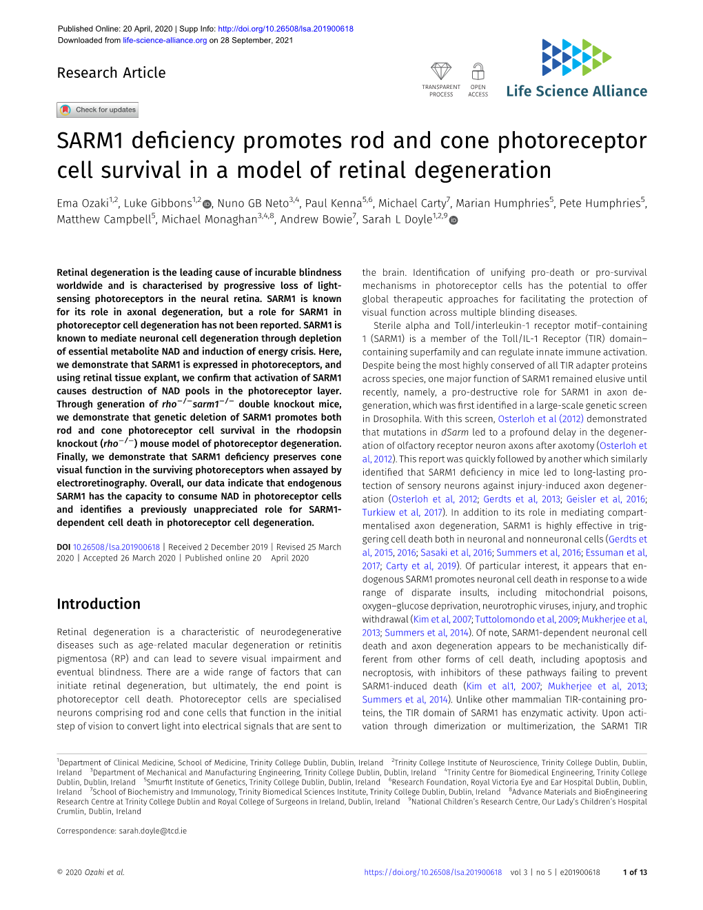 SARM1 Deficiency Promotes Rod and Cone Photoreceptor Cell Survival in a Model of Retinal Degeneration