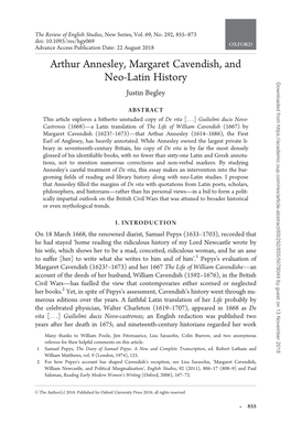 Arthur Annesley, Margaret Cavendish, and Neo-Latin History
