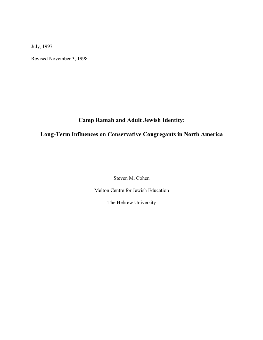 Camp Ramah and Adult Jewish Identity: Long-Term Influences on Conservative Congregants in North America