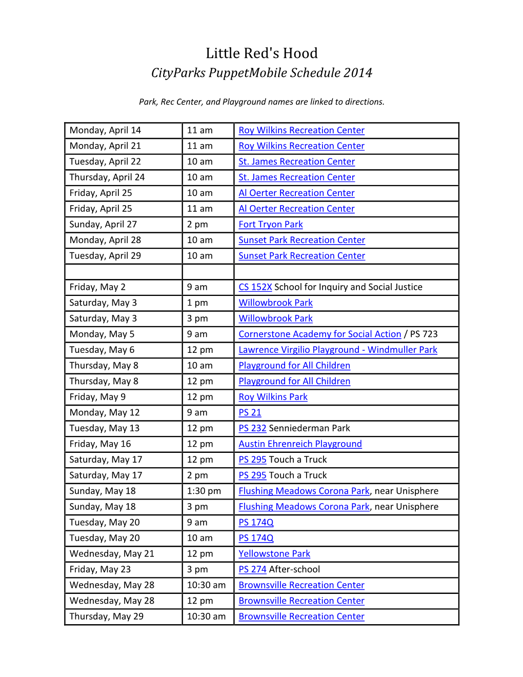 Little Red's Hood Cityparks Puppetmobile Schedule 2014