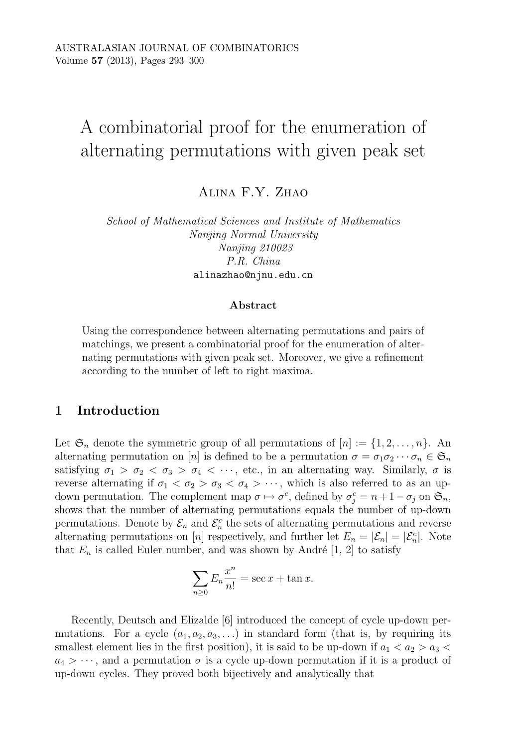 A Combinatorial Proof for the Enumeration of Alternating Permutations with Given Peak Set
