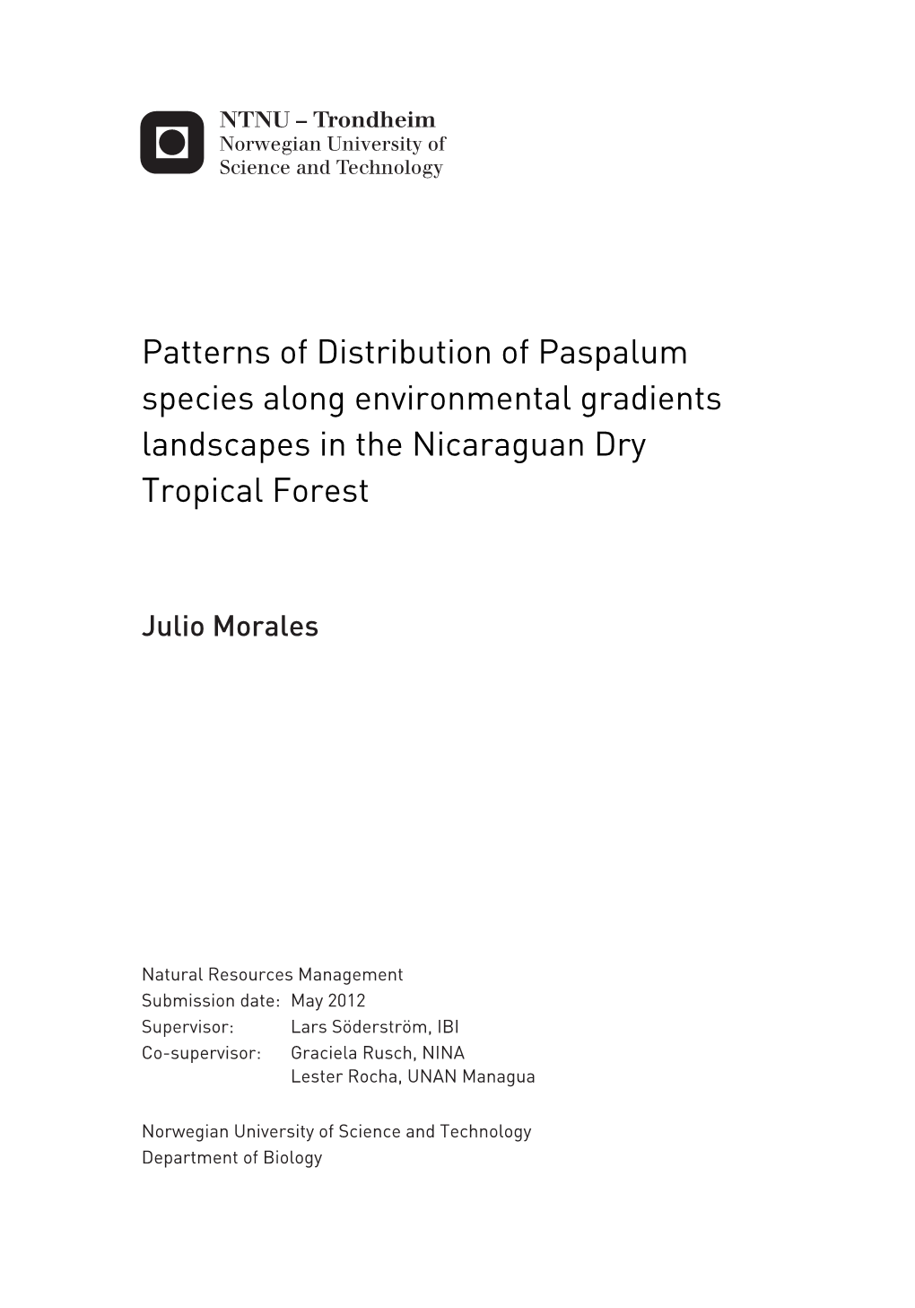 Patterns of Distribution of Paspalum Species Along Environmental Gradients Landscapes in the Nicaraguan Dry Tropical Forest