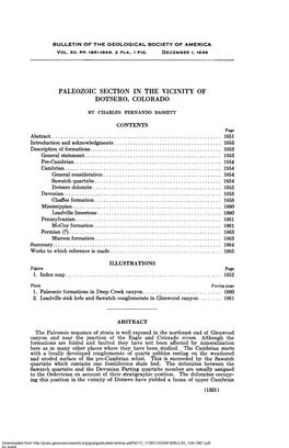 PALEOZOIC SECTION in the VICINITY of DOTSERO, COLORADO by CHARLES FERNANDO BASSETT CONTENTS Page Abstract