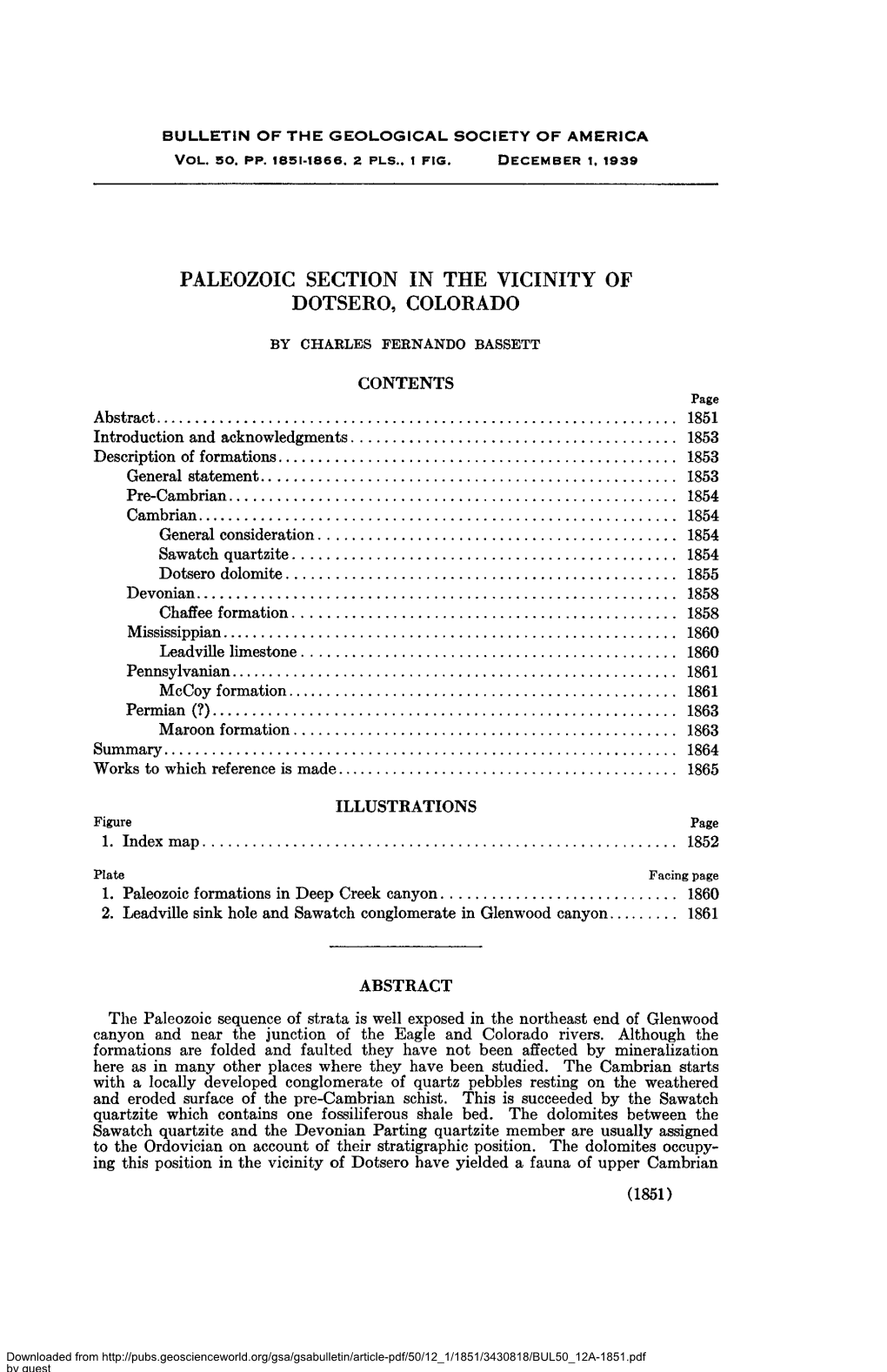 PALEOZOIC SECTION in the VICINITY of DOTSERO, COLORADO by CHARLES FERNANDO BASSETT CONTENTS Page Abstract