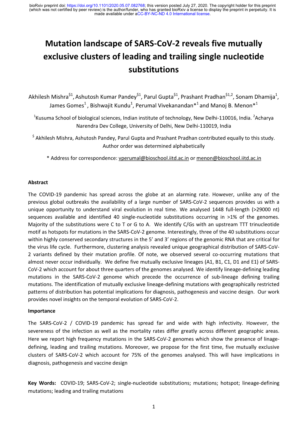 Mutation Landscape of SARS-Cov-2 Reveals Five Mutually Exclusive Clusters of Leading and Trailing Single Nucleotide Substitutions