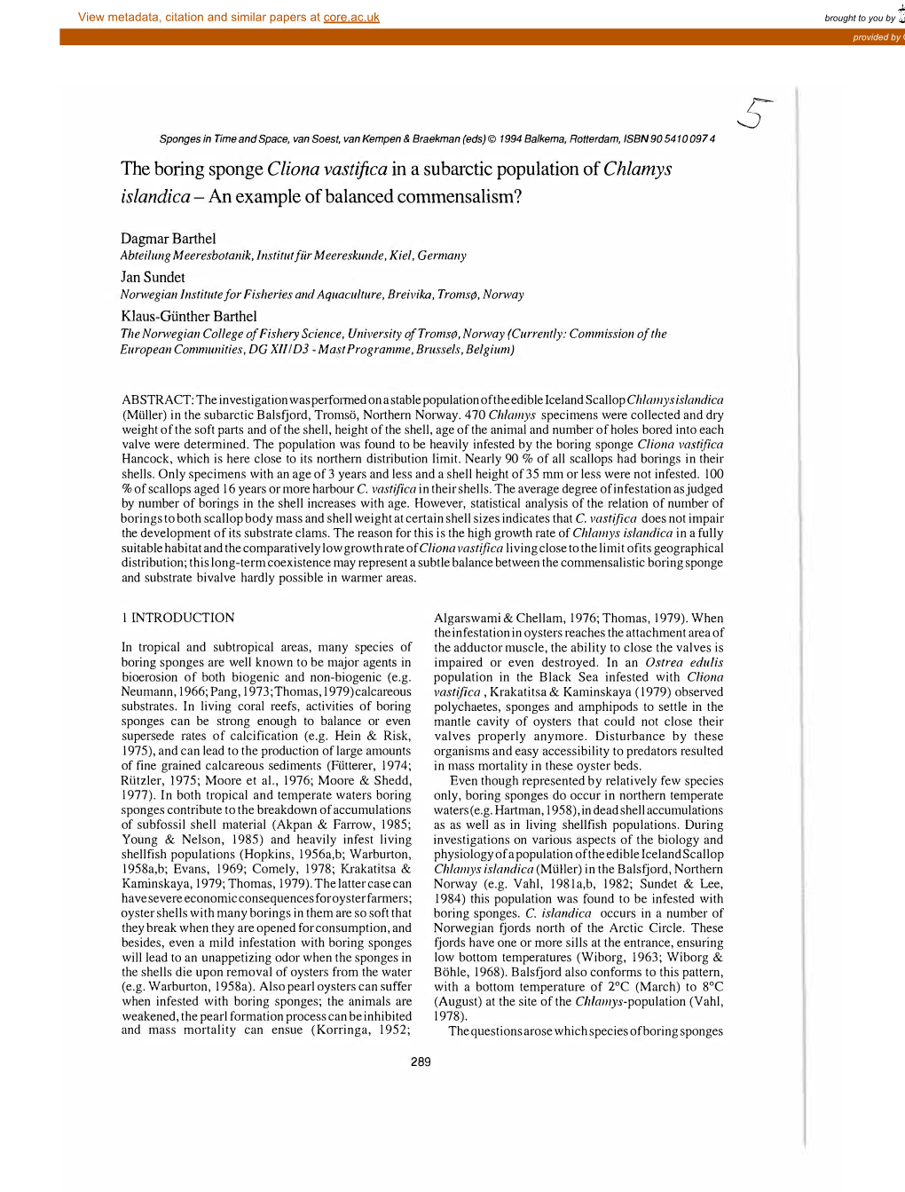 The Boring Sponge Cliona Vastifica in a Subarctic Population of Chlamys