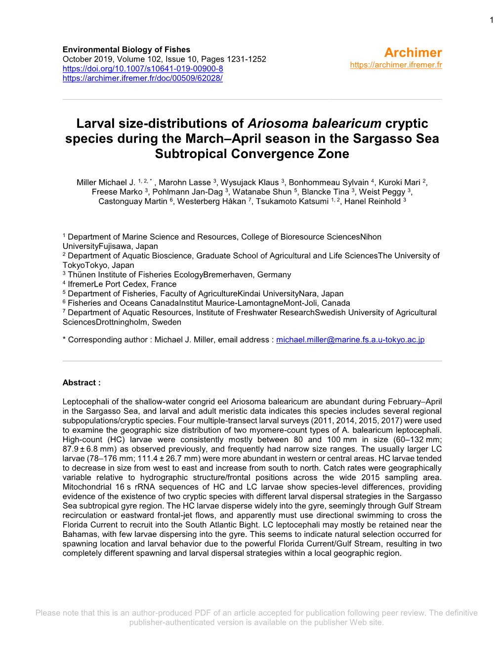 Larval Size-Distributions of Ariosoma Balearicum Cryptic Species During the March–April Season in the Sargasso Sea Subtropical Convergence Zone