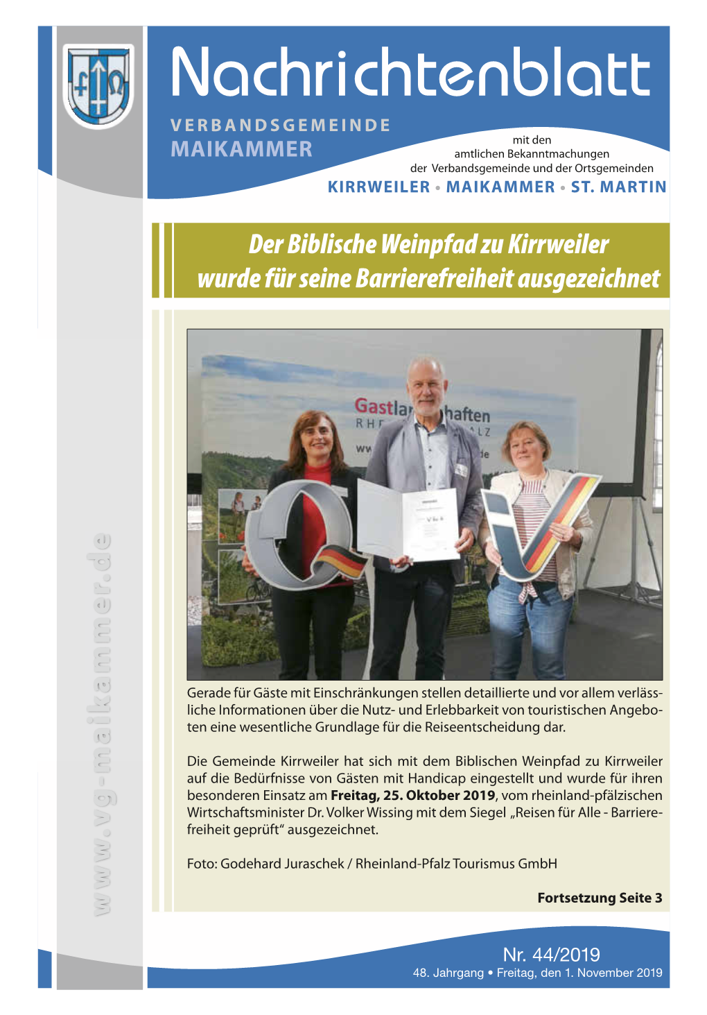 Nachrichtenblatt Verbandsgemeinde Mit Den Maikammer Amtlichen Bekanntmachungen Der Verbandsgemeinde Und Der Ortsgemeinden Kirrweiler • Maikammer • St