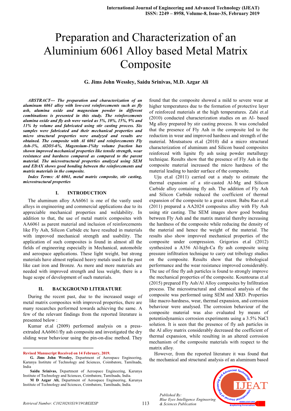 Preparation and Characterization of an Aluminium 6061 Alloy Based Metal Matrix Composite