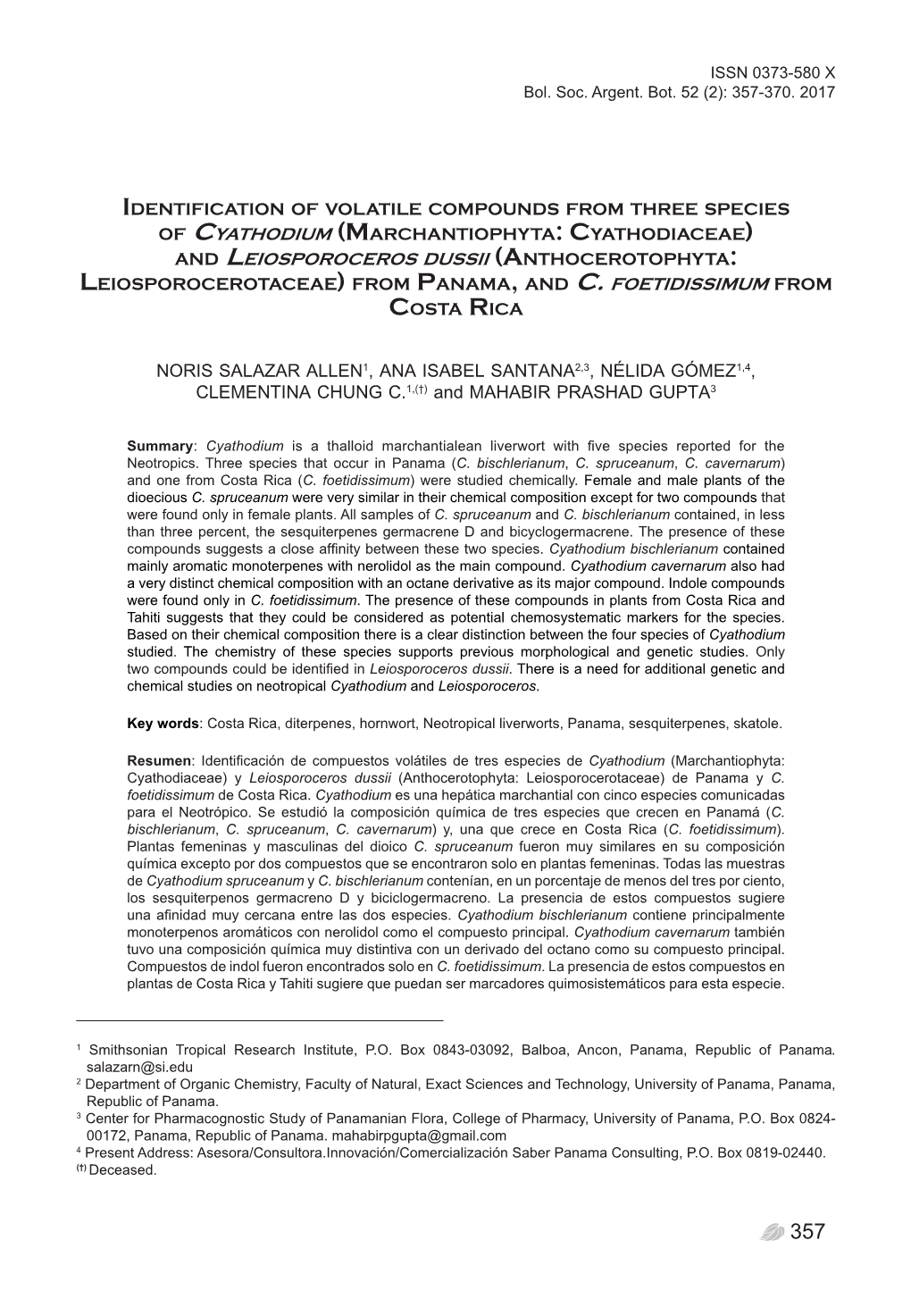 Volatile Compounds from Species of Cyathodium and Leiosporocerosissn 0373-580 X Bol
