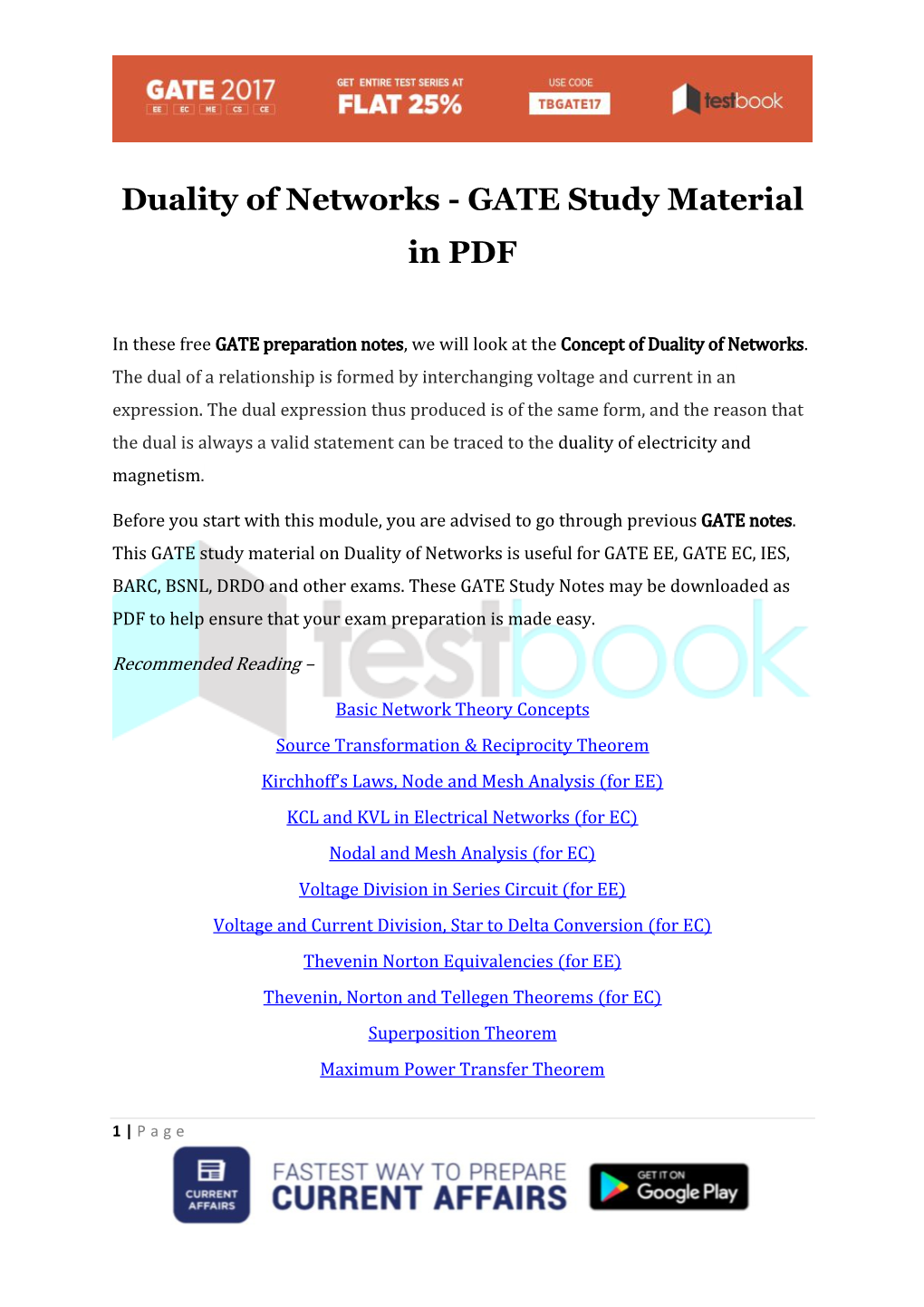 Duality of Networks - GATE Study Material in PDF