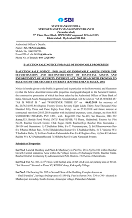 STATE BANK of INDIA, STRESSED ASSETS MANAGEMENT BRANCH (Secunderabad) 5Th Floor, Rear Block, HMWSSB Compound, D.No.6-2-915, Khairatabad, Hyderabad-500 004