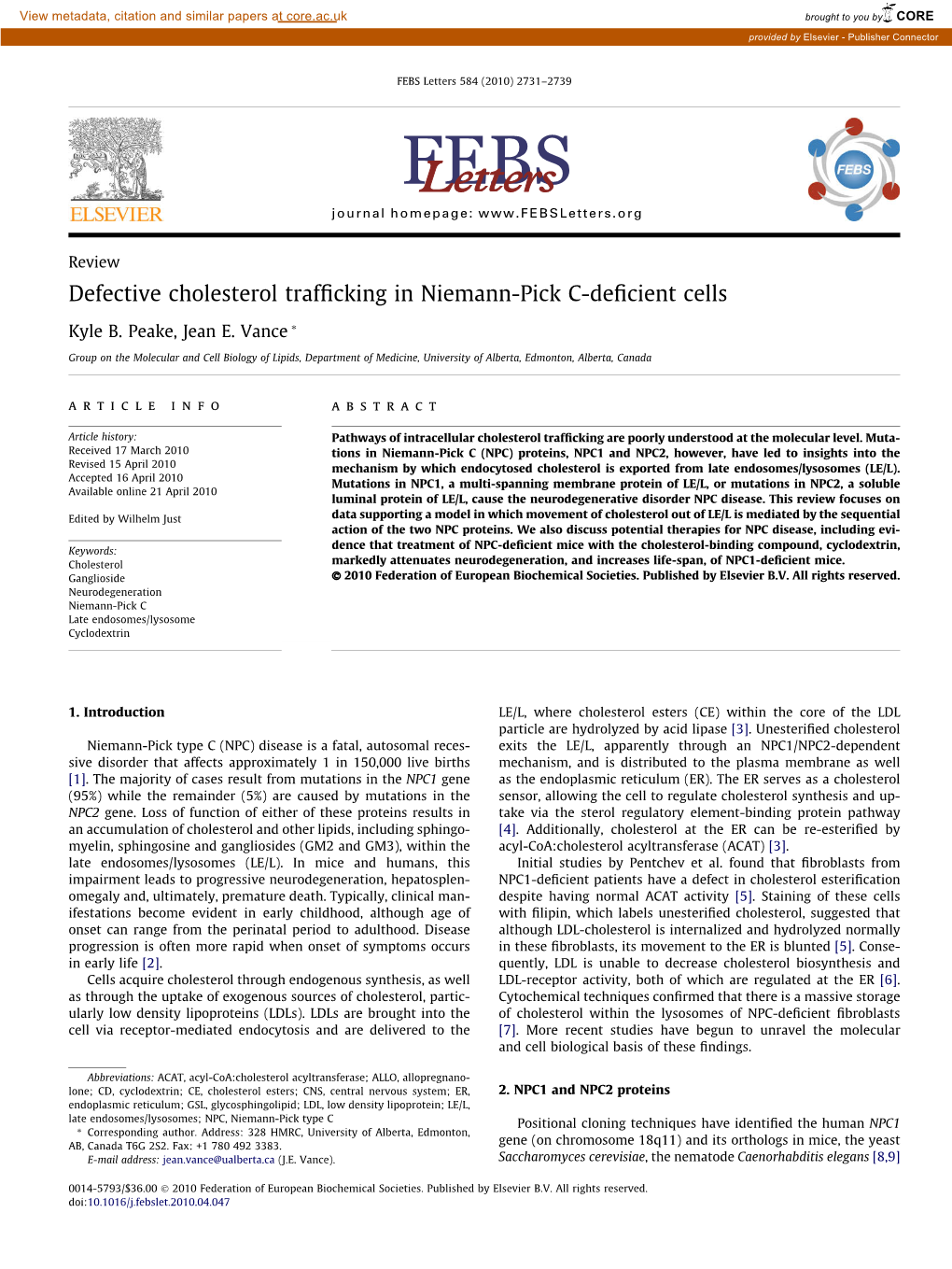 Defective Cholesterol Trafficking in Niemann-Pick C-Deficient Cells