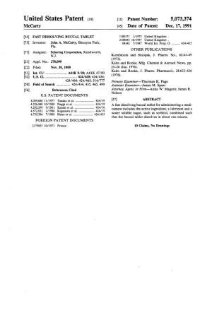 United States Patent (19) 11) Patent Number: 5,073,374 Mccarty 45 Date of Patent: Dec