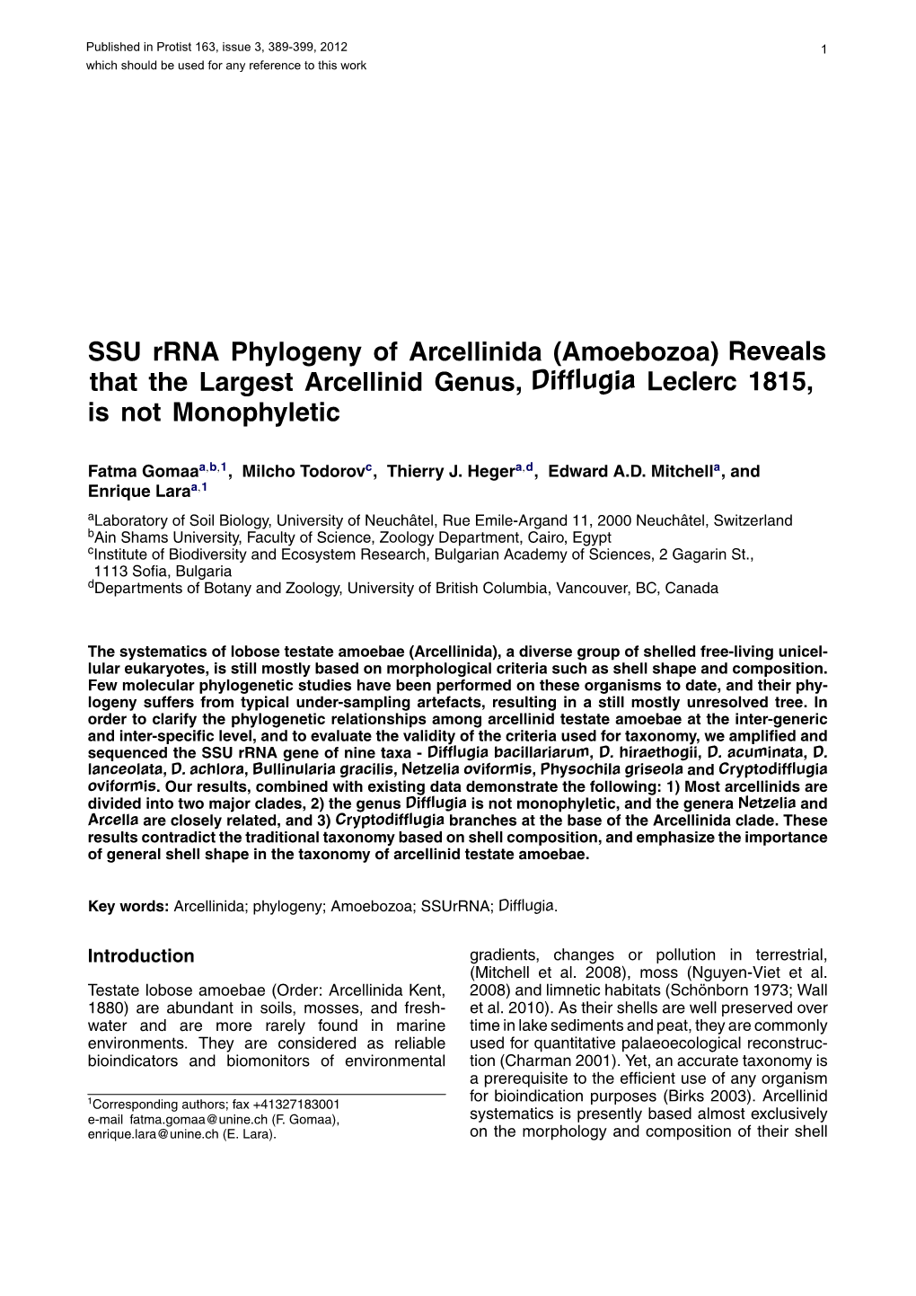 SSU Rrna Phylogeny of Arcellinida (Amoebozoa) Reveals