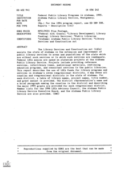 DOCUMENT RESUME Federal Public Library Programs in Alabama, 1995. Alabama Public Library Service, Montgomery. 16P