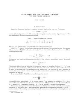 ASYMPTOTICS for the PARTITION FUNCTION VIA the CIRCLE METHOD 1. Introduction a Partition of a Natural Number N Is a Multiset Of