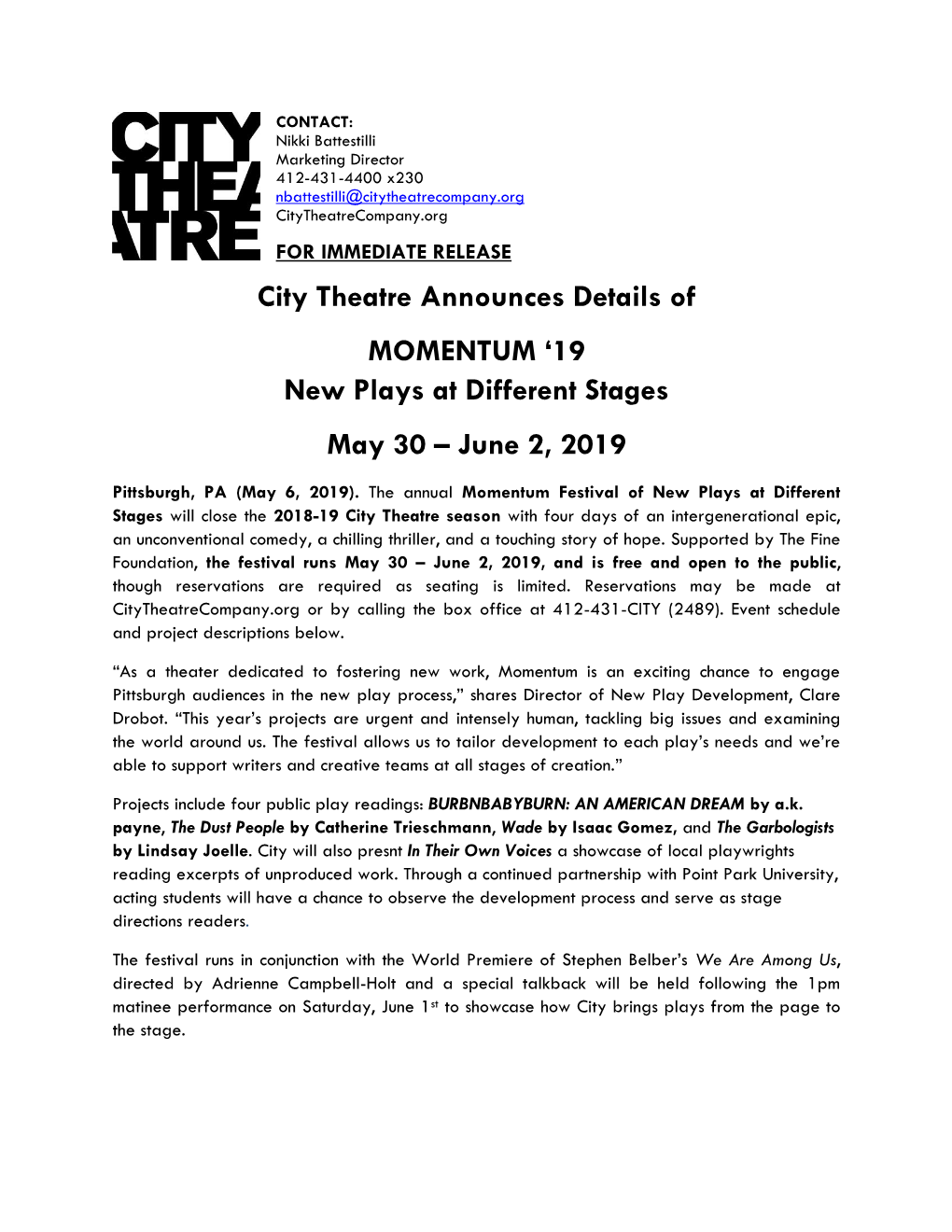 City Theatre Announces Details of MOMENTUM '19 New Plays At