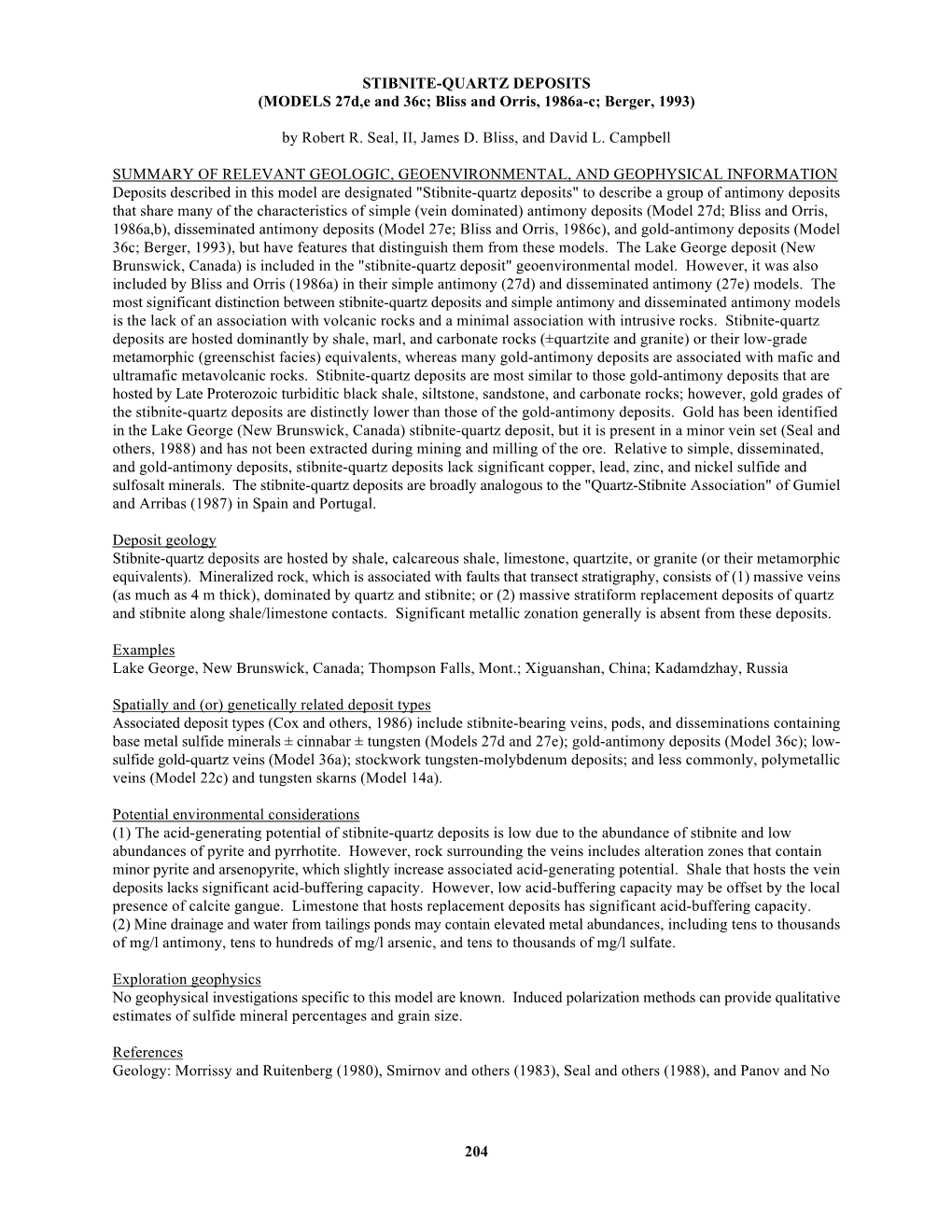 STIBNITE-QUARTZ DEPOSITS (MODELS 27D,E and 36C; Bliss and Orris, 1986A-C; Berger, 1993)