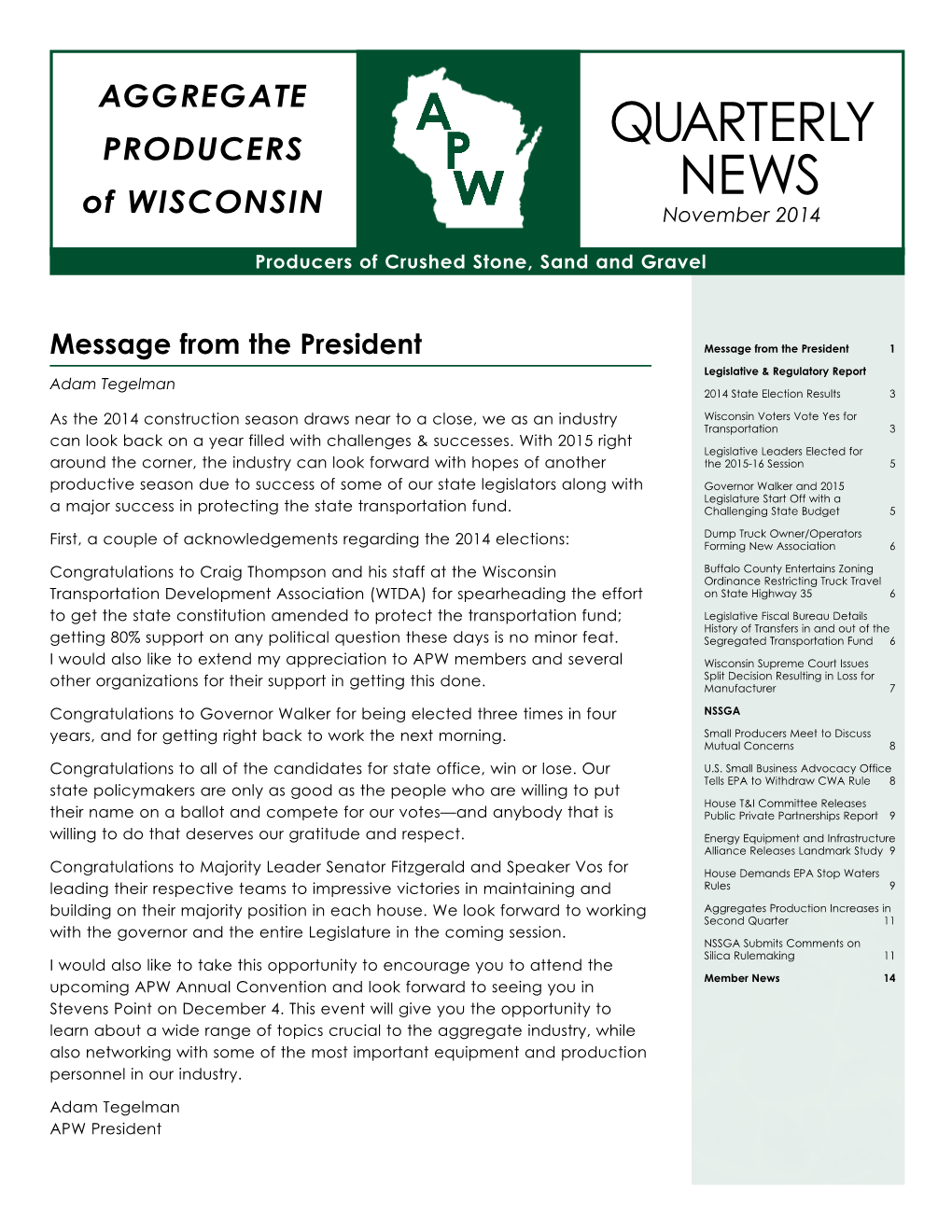 QUARTERLY NEWS of WISCONSIN November 2014