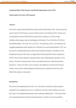 Film Finances and British Independents in the 1970S