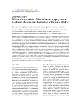 Original Article Effects of the Modified Bilhaut-Cloquet Surgery on the Treatment of Congenital Duplication of Thumb in Children