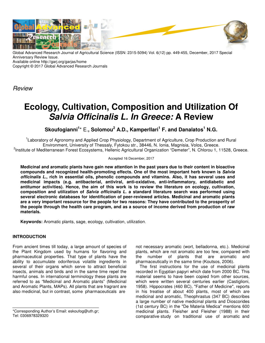 Ecology, Cultivation, Composition and Utilization of Salvia Officinalis L. in Greece: a Review
