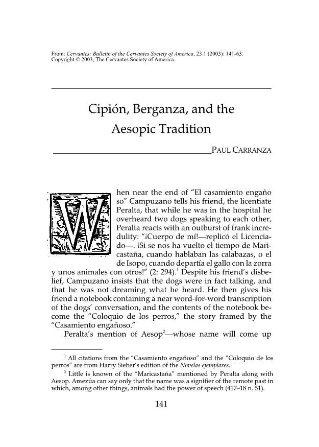 Cipión, Berganza, and the Aesopic Tradition