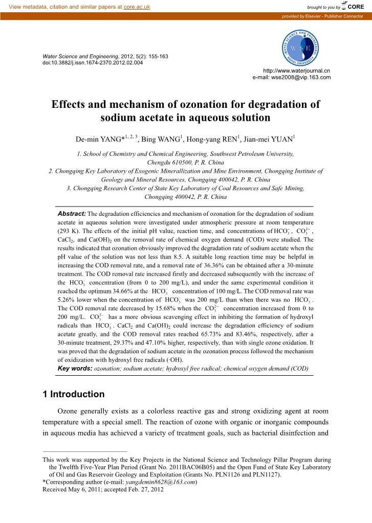 Effects and Mechanism of Ozonation for Degradation of Sodium Acetate in Aqueous Solution