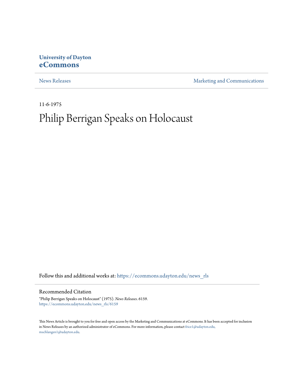 Philip Berrigan Speaks on Holocaust