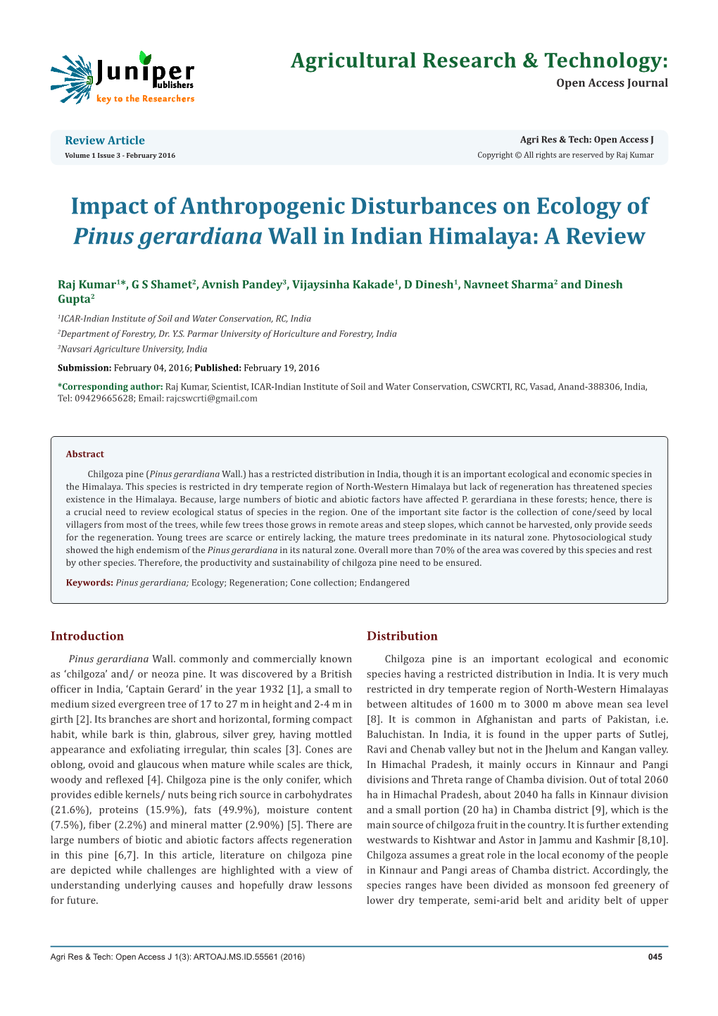 Impact of Anthropogenic Disturbances on Ecology of Pinus Gerardiana Wall in Indian Himalaya: a Review