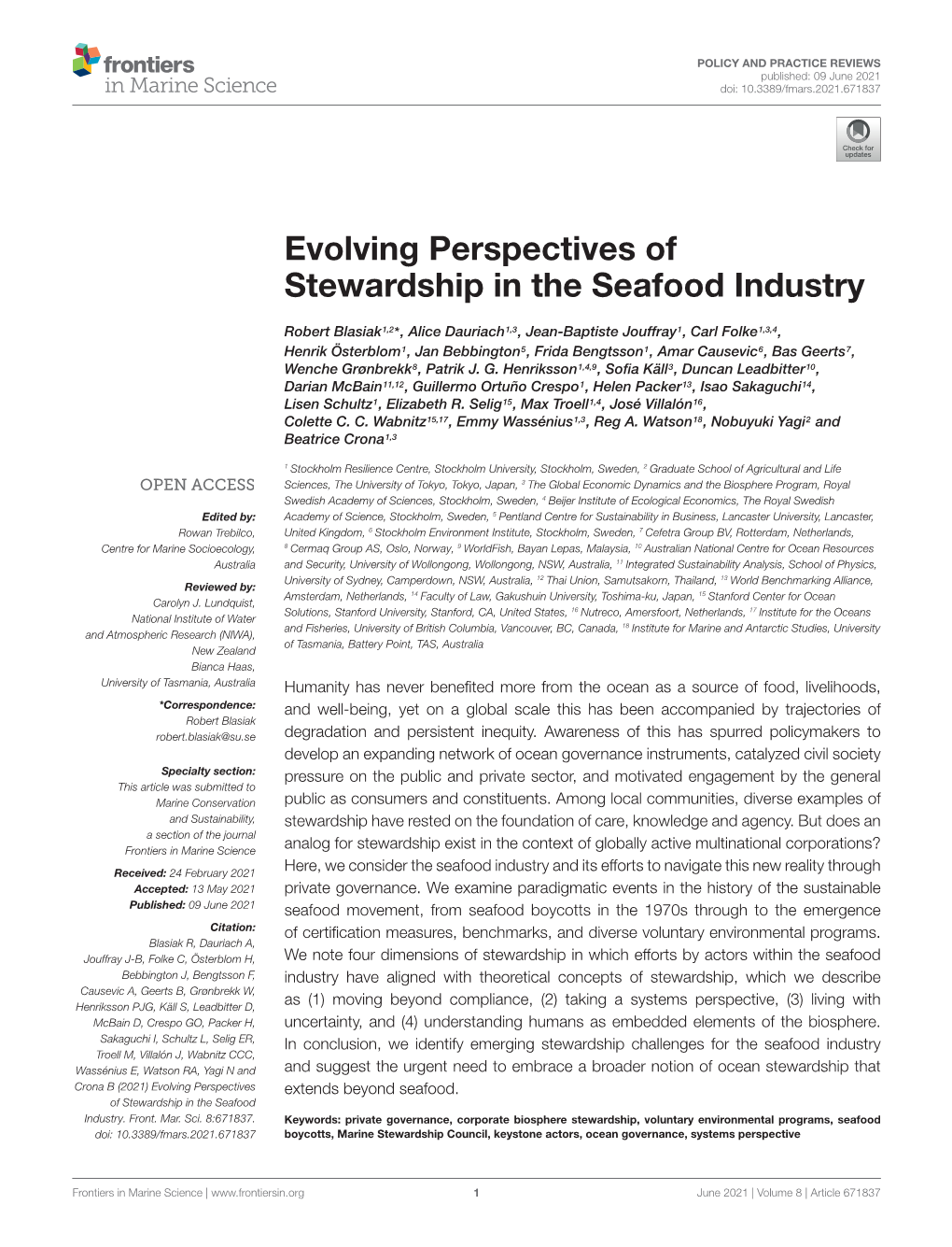 Evolving Perspectives of Stewardship in the Seafood Industry