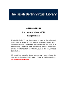 AFTER BERLIN the Literature 2002–2020 George Crowder