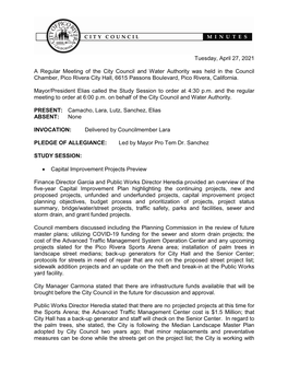 Tuesday, April 27, 2021 a Regular Meeting of the City Council and Water Authority Was Held in the Council Chamber, Pico Rivera C