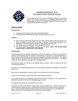 Garner Baseball 9-10 2014 Mustang League Rules