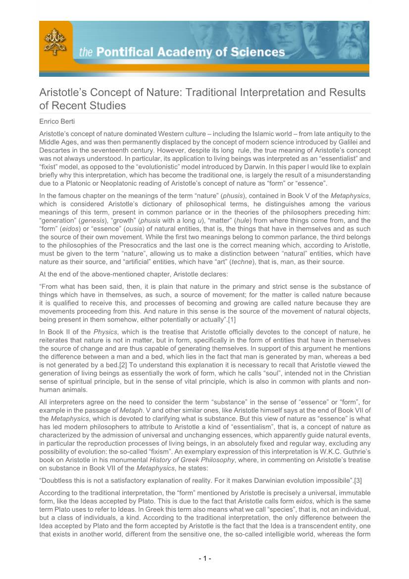 Aristotle's Concept of Nature: Traditional Interpretation And