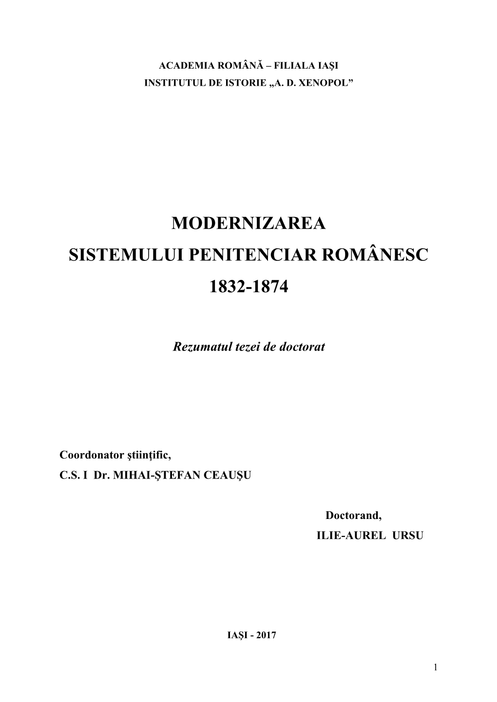 Modernizarea Sistemului Penitenciar Românesc 1832-1874