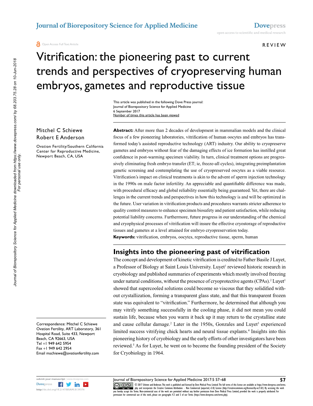 Vitrification of Human Gametes and Embryos Open Access to Scientific and Medical Research DOI