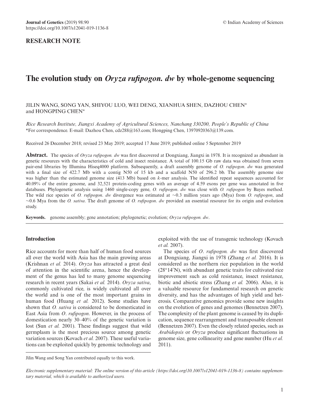 The Evolution Study on Oryza Rufipogon. Dw by Whole-Genome