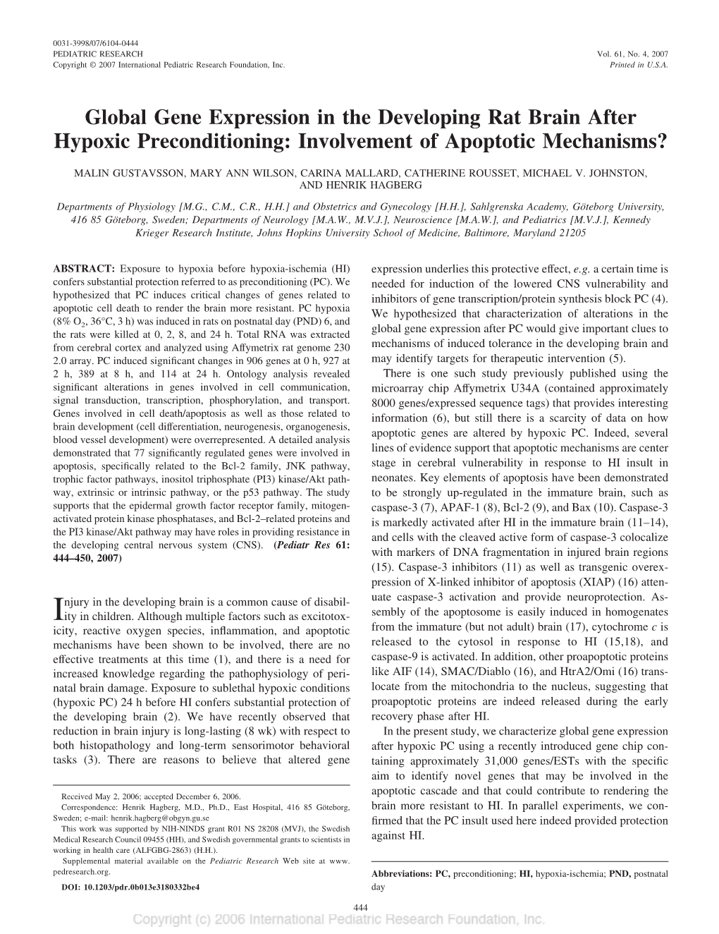 Global Gene Expression in the Developing Rat Brain After Hypoxic Preconditioning: Involvement of Apoptotic Mechanisms?