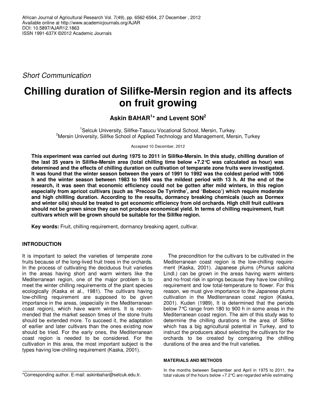 Chilling Duration of Silifke-Mersin Region and Its Affects on Fruit Growing
