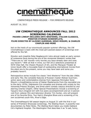 Uw Cinematheque Announces Fall 2012 Screening Calendar