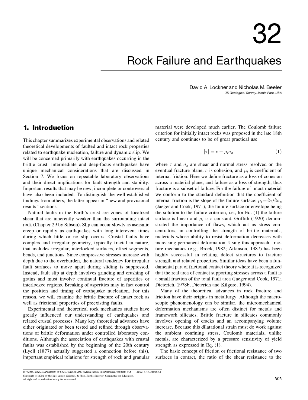 Rock Failure and Earthquakes