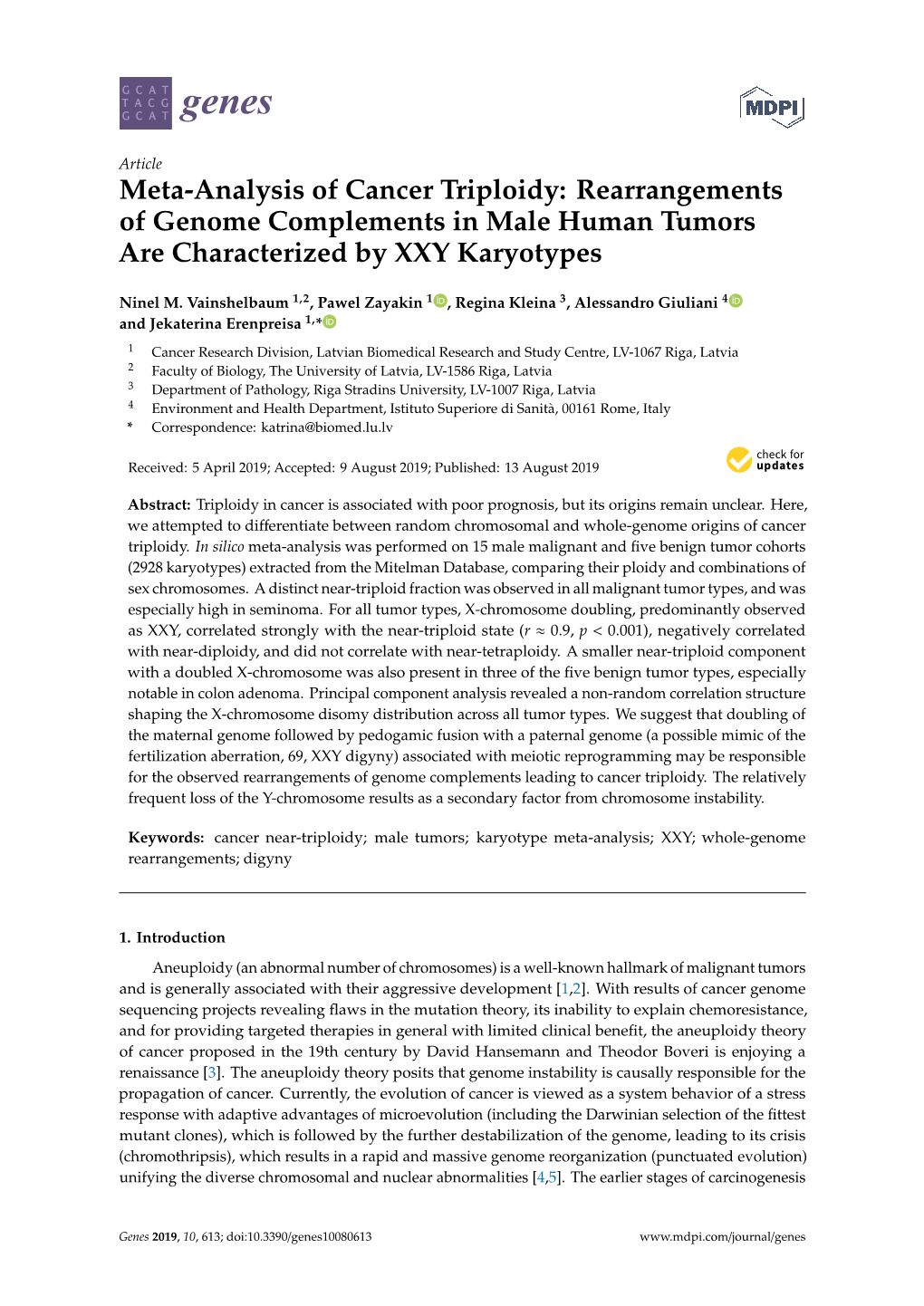 Meta-Analysis of Cancer Triploidy: Rearrangements of Genome Complements in Male Human Tumors Are Characterized by XXY Karyotypes